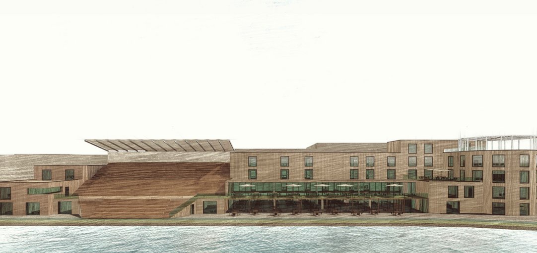 Das Bild zeigt das Hauptgebäude des in Werne geplanten Surfparks.